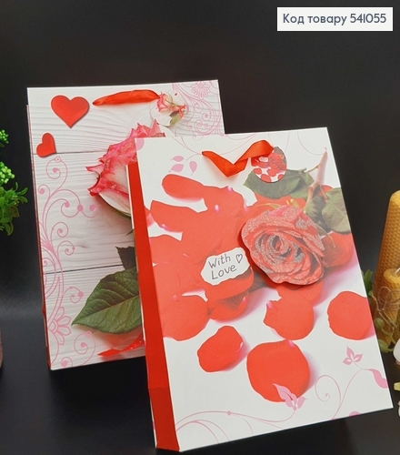 Пакет паперовий середній  Квіти з сердечками блиск  31,5х26см в ас. 541055 фото 1
