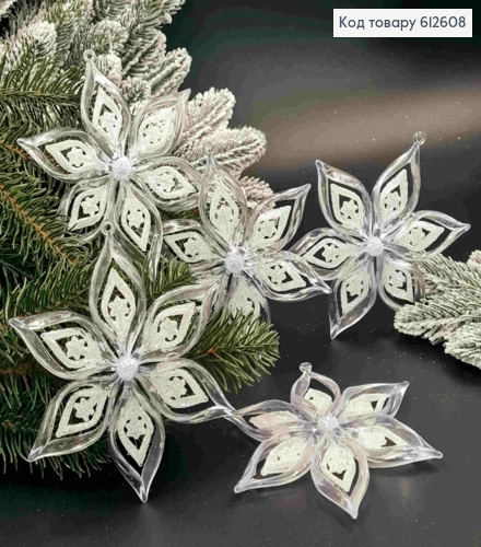 Новогодняя фигура, СНЕЖИНКА, пластик, цвет ПРОЗРАЧНЫЙ+БЛЕСК, 12см, Украина 612608 фото 1