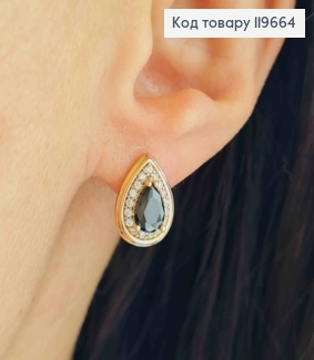 Серьги "Капельки" с черным камнем, длина 1,4см, английская застежка, Xuping 18к. 119664 фото