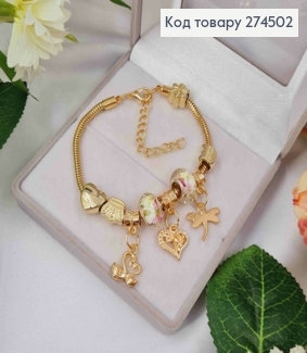 Браслет "ПАНДОРА" з шармиком в Квітках (Стрекоза-Серце-Либідь), золотого кольору, біжутерія 274502 фото