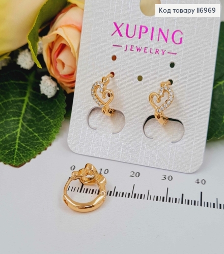 Сережки кільця 1,2см, з сердечком в камінчиках, Xuping 18K 116969 фото 1