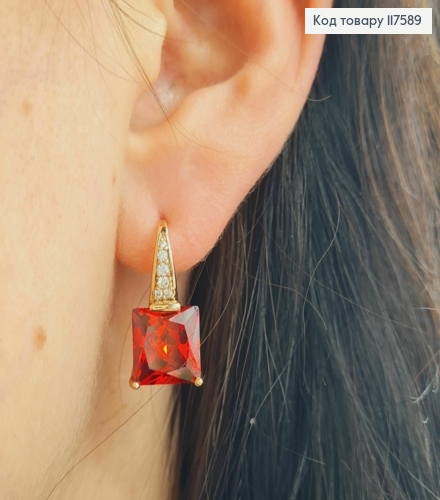 Серьги с квадратным Красным камнем, 1,9см, английская застежка, XUPING 18K 117589 фото 2