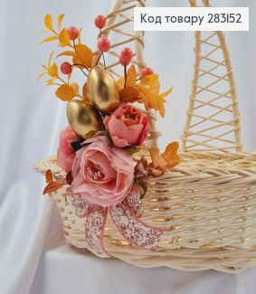 Декоративна пов'язка для кошика Квіточки з яйцями, пастельно Рожевого кольору 10*14см на зав'язках 283152 фото