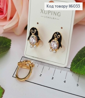 Серьги Кольца 1,5см, Пингвинчики с камешком и черной эмалью, Xuping 18K 116033 фото