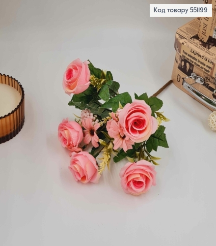 Композиція "Букет РОЖЕВІ  троянди 5шт + інші квіти", висота 32см 551199 фото 2