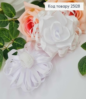 Бант білий трояндочка атлас на резинці, розмір  9см 25128 фото