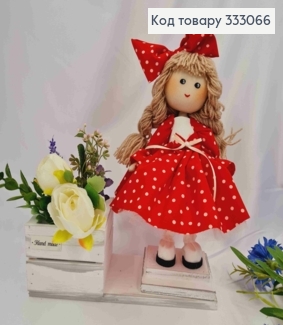 Лялька Дівчинка в Червоній сукні в горошок (28см), кашпо (9*9см), ручна робота, Україна 333066 фото