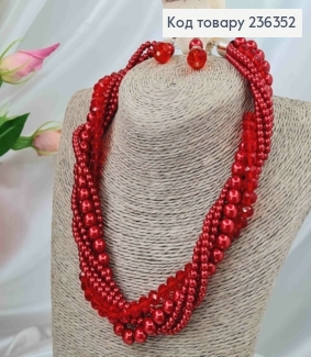 Набор, Ожерелье 40см и серьги, со стеклярусом и бусинками, Красного цвета 236352 фото