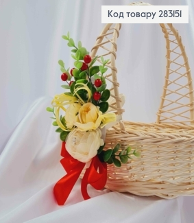 Декоративна пов'язка для кошика Троянда з квіточками та Червоним бантиком, 10*15см на зав'язках 283151 фото