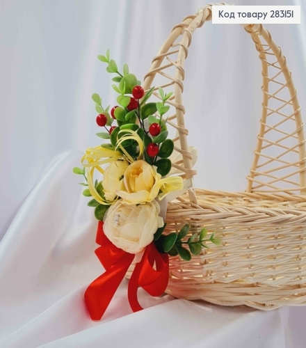 Декоративна пов'язка для кошика Троянда з квіточками та Червоним бантиком, 10*15см на зав'язках 283151 фото 1