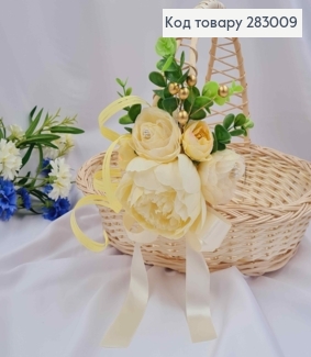 Декоративна пов'язка для кошика Піон молочний з квіточками та зеленью, 13*18см на зав'язках 283009 фото