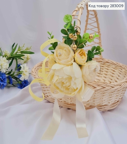 Декоративна пов'язка для кошика Піон молочний з квіточками та зеленью, 13*18см на зав'язках 283009 фото 1