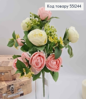 Композиция "Букет БЕЛЫЕ и РОЗОВЫЕ розы Камелия с зеленым декором", высотой 46см 551244 фото
