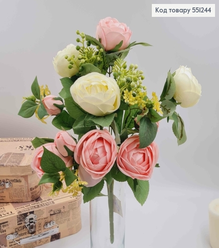 Композиція "Букет БІЛІ  та РОЖЕВІ  троянди Камелія з зеленим декором", висотою 46см 551244 фото 1