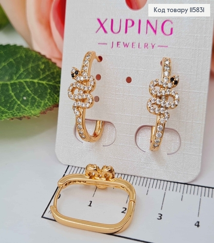 Сережки кільця 2см, "Змійка" з чорними очима, в камінцях, Xuping 18K 115831 фото 2