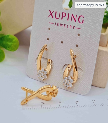 Сережки Стріли з квіточкою з Блискучих камінців, 2,1см, англійська застібка, Xuping 18K 119769 фото 2