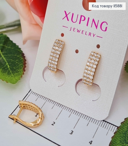 Серьги, Пластинки, с тремя рядами камешков, 1,5см, англ.зам. Xuping 18K 115881 фото 1