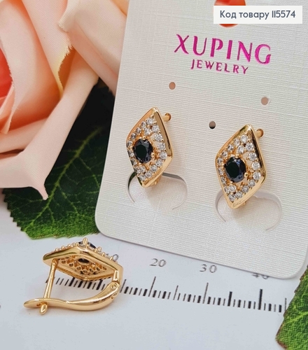 Сережки "Бубна" з чорним камінцем 1,5см, англ. заст. Xuping 18K 115574 фото 1