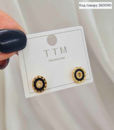 Сережки гвіздки "Римський Годинник" з чорною емаллю, лимонного кольору, 0,8см, сталь Stainless Steel 260090 фото 2