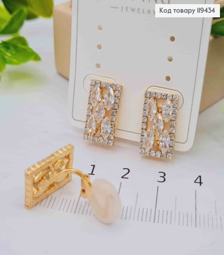 Серьги - клипсы прямоугольные с Блестящими камешками, 1,6см, Xuping 18К 119434 фото 2