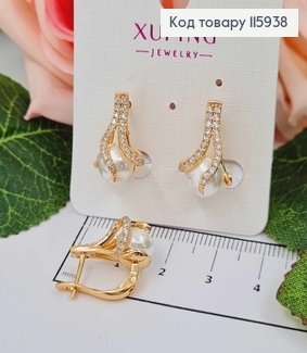 Серьги "Золотые корни" в камешках, с жемчужиной англ. зам. Xuping 18K 115938 фото