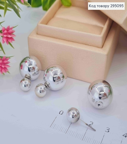 Сережки гвоздики, з Двома кульками, Срібного кольору, 0,8-1,5см 295095 фото 2