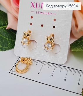 Серьги кольца 0,9см, с мишкой 1см, с белыми лапками и камешком, , Xuping 18K 115894 фото