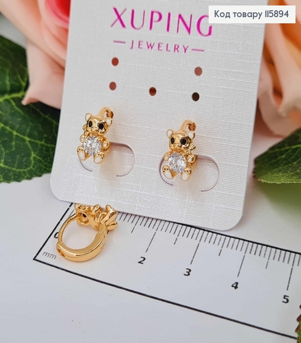 Серьги кольца 0,9см, с мишкой 1см, с белыми лапками и камешком, , Xuping 18K 115894 фото 1