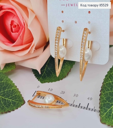 Сережки стріли в камінцях та з перлинкою, 3см, англ. заст. Xuping 18K 115529 фото 1