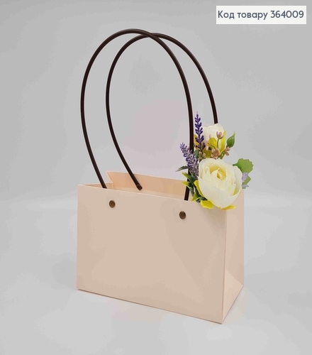 Флористическая сумочка глянцевая МОЛОЧНАЯ, для цветов и подарков, с пластиковыми ручками 22*13*9см 364009 фото 1