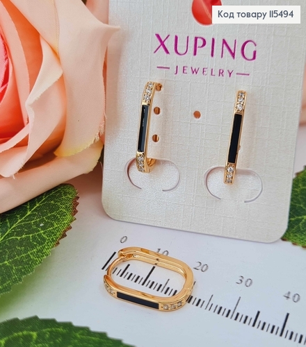 Серьги кольца продолговатые 2см, с черной эмалью и камешками Xuping 18K 115494 фото 1