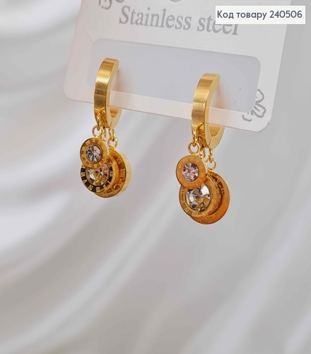 Сережки кільця, золотого кольору, З підвісками Римським годинником, сталь Stainless Steel 260024 фото 2
