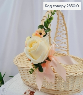 Декоративна пов'язка для кошика з МОЛОЧНОЮ трояндою та  квітами, 11*15см на зав'язках 283010 фото