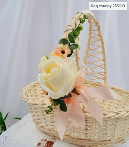 Декоративна пов'язка для кошика з МОЛОЧНОЮ трояндою та  квітами, 11*15см на зав'язках 283010 фото 1