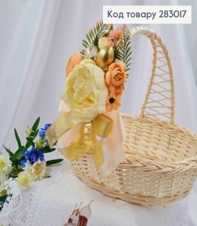 Декоративна пов'язка для кошика  МОЛОЧНИМ піоном та  квітами, 23*14см на зав'язках 283017 фото