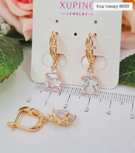 Серьги с подвеской большим квадратным камнем, 1,1см, англ. зам. Xuping 18K 116159 фото 1