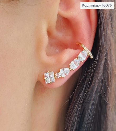 Серьги гвоздики + кафы, "Ручеек из камней", 3см, Xuping 18K 116076 фото 1