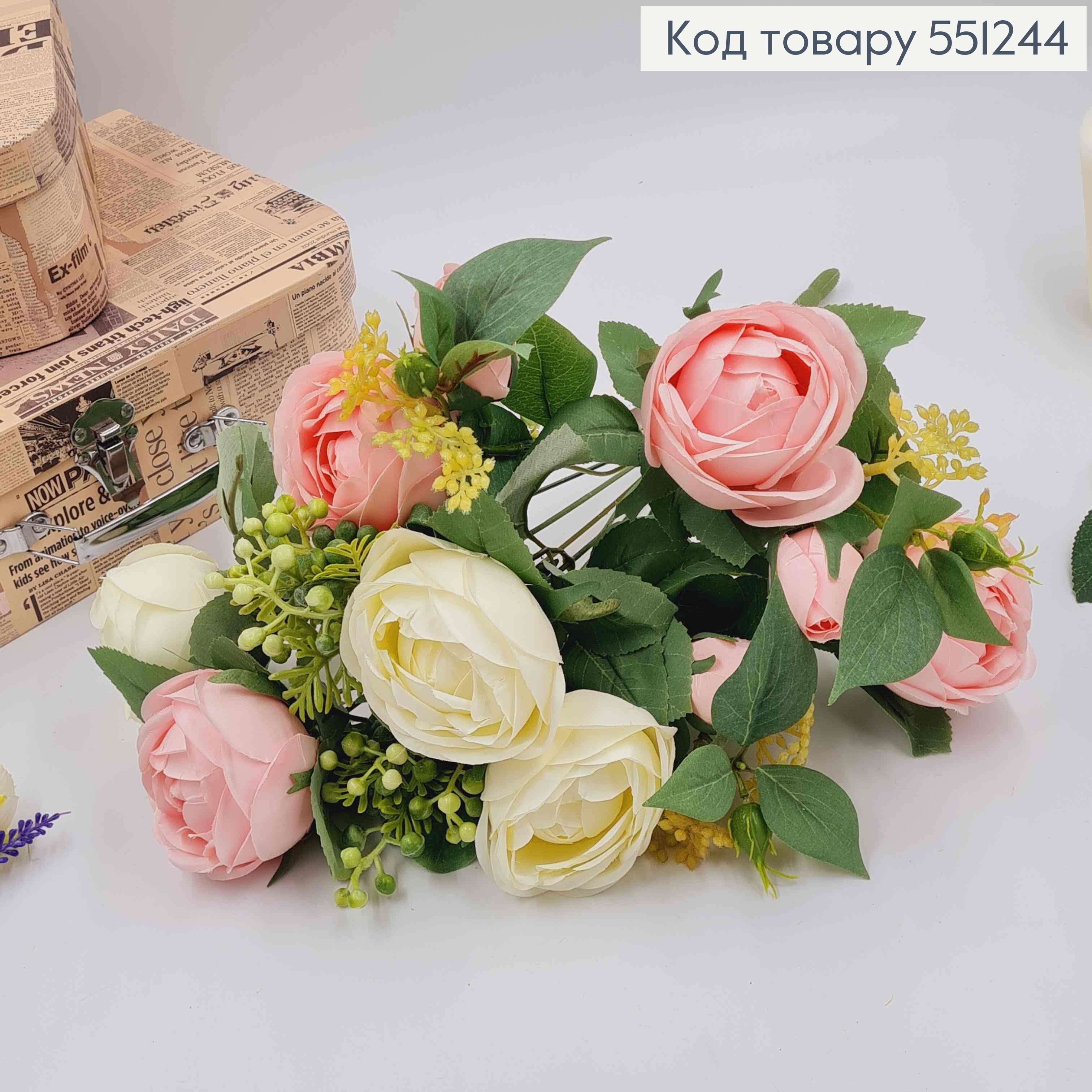Композиция "Букет БЕЛЫЕ и РОЗОВЫЕ розы Камелия с зеленым декором", высотой 46см 551244 фото 2