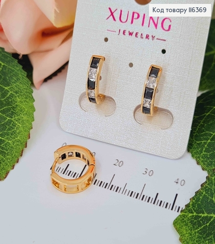 Серьги кольца, 1см, с квадратными черно-белыми камешками, Xuping 18K 116369 фото 1