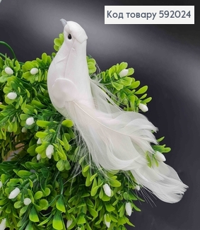 Флористическая заколка, 13см, ГОЛУБ белого цвета, с хвостиком из перьев, Польша 592024 фото