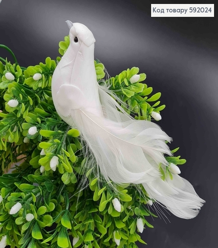 Флористическая заколка, 13см, ГОЛУБ белого цвета, с хвостиком из перьев, Польша 592024 фото 1