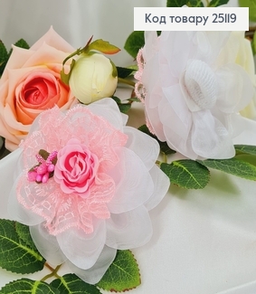 Резинка Бант фатин з рожевою квіточкою і лентою в середині, ручна робота Україна 25119 фото