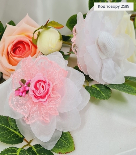 Резинка Бант фатин з рожевою квіточкою і лентою в середині, ручна робота Україна 25119 фото 1