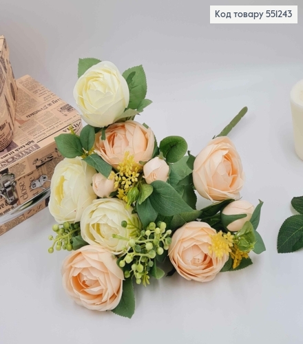 Композиция "Букет Белые и Пудровые розы Камелия с зеленым декором", высотой 46см 551243 фото 2