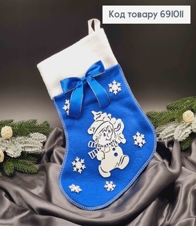 Чулок Рождественский, Синего цвета, с бантиком и блестящими снежинками и снеговичком, 30*22см 691011 фото