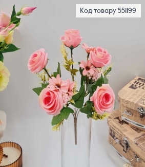 Композиция "Букет Розовые розы 5шт + другие цветы", высота 32см 551199 фото