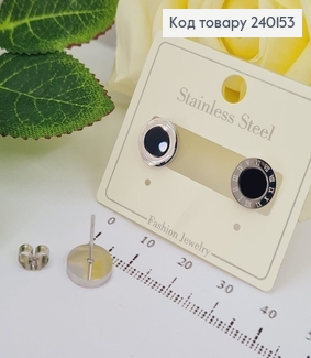 Серьги гвіздки Римский часы серебряный цвет с черным камнем  Stainless Steel 240153 фото