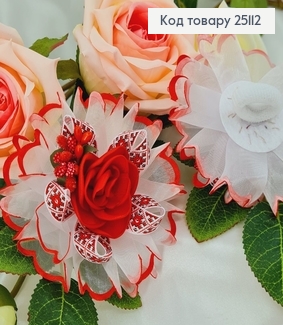Резинка Бант квіточка в червоному орнаменті з червоною квіткою в середині, ручна робота Україна 25112 фото