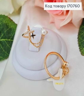 Перстень з хрестиком в камінцях, ланцюжком та перлинкою, Xuping 18K 170760 фото