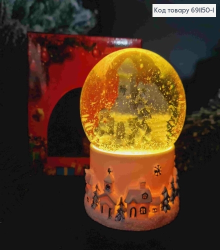 Новорічна Снігова Куля (світиться), скляна на керамічній основі, "ГНОМ з БУДИНКОМ", вис.9см, діа.7см 691150-1 фото 1